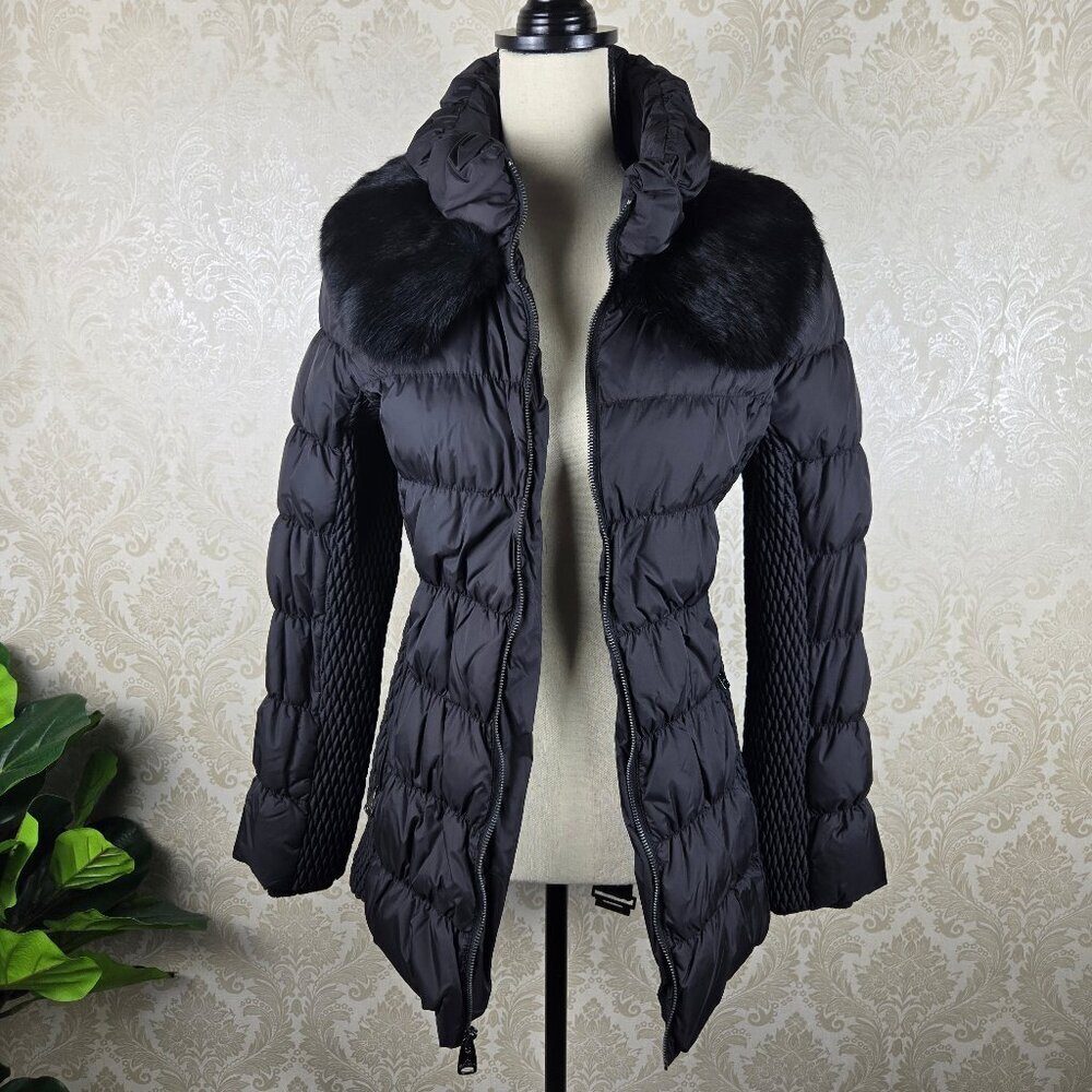 Via Spiga Size Small Black Quilted Puffer Coat Removable Fur Collar Stretch Belt